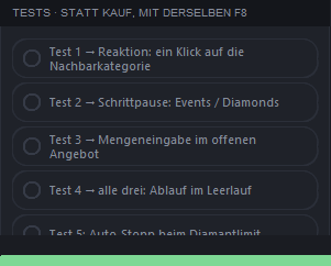Die Karte „Tests“ mit fünf Tests