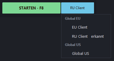 Die blaue Server-Schaltfläche und die geöffnete Liste: Global EU — EU Client und RU Client, Global US