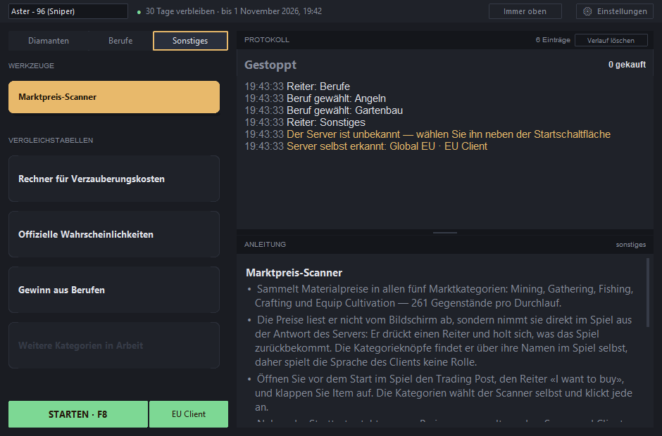 Reiter „Sonstiges“: der Marktpreis-Scanner ist ausgewählt, rechts neben „Start“ — der Server EU Client