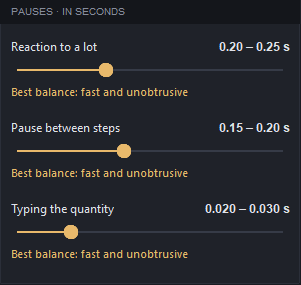 The «Pauses» card with three sliders