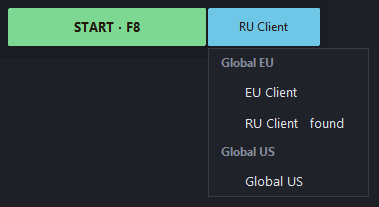 The blue server button and the open list: Global EU — EU Client and RU Client, Global US