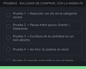 La tarjeta «Pruebas» con cinco pruebas