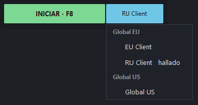 El botón azul del servidor y la lista abierta: Global EU — EU Client y RU Client, Global US