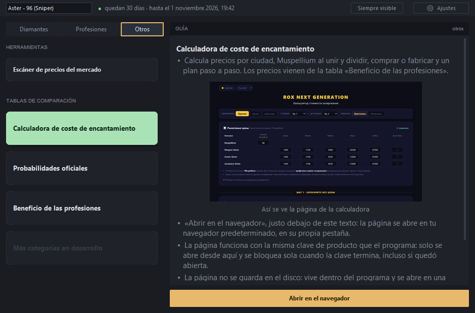 La pestaña «Otros»: calculadora seleccionada, a la derecha descripción y el botón «Abrir en el navegador»