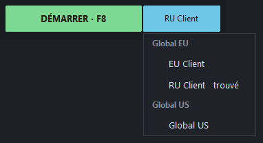Le bouton bleu du serveur et la liste ouverte : Global EU — EU Client et RU Client, Global US