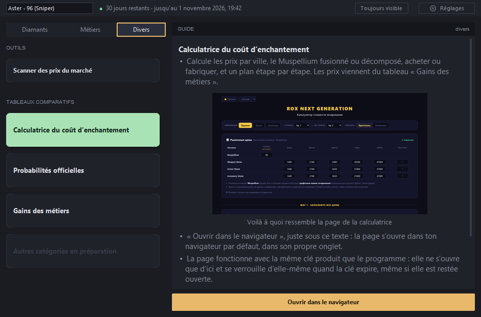 L’onglet « Divers » : la calculatrice est sélectionnée, à droite la description et le bouton « Ouvrir dans le navigateur »