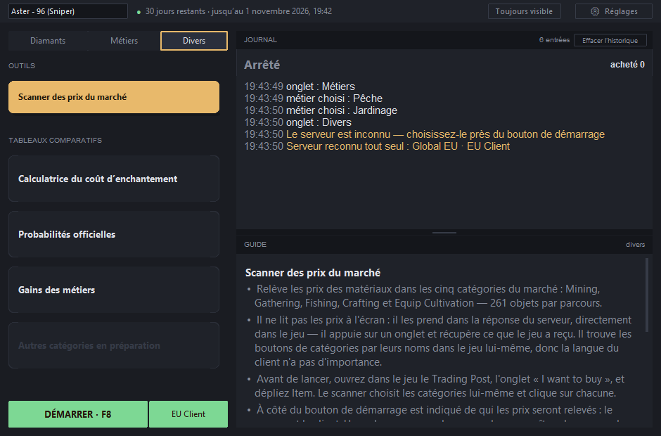 Onglet « Divers » : le scanner des prix du marché est sélectionné, à droite de « Démarrer » — le serveur EU Client