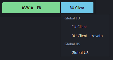 Il pulsante blu del server e l’elenco aperto: Global EU — EU Client e RU Client, Global US