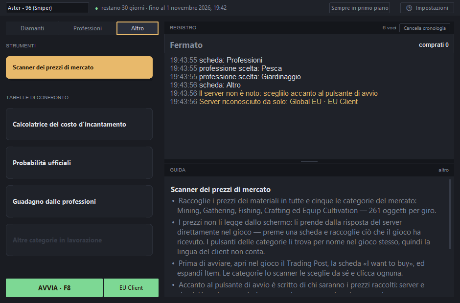 Scheda «Altro»: lo scanner dei prezzi di mercato è selezionato, a destra di «Avvia» — il server EU Client