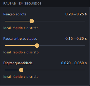O card «Pausas» com três controles deslizantes