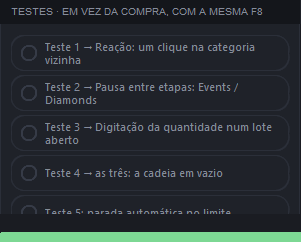 O card «Testes» com cinco testes