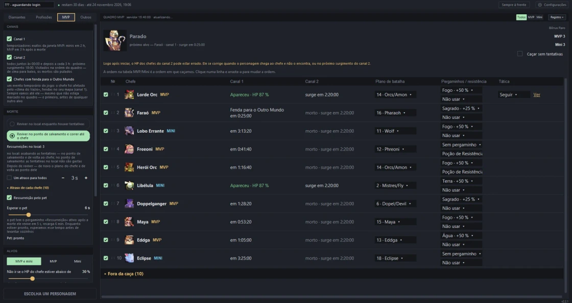 Aba MVP: cartões de ajustes à esquerda, quadro com chefes, presets e pergaminhos de elemento à direita