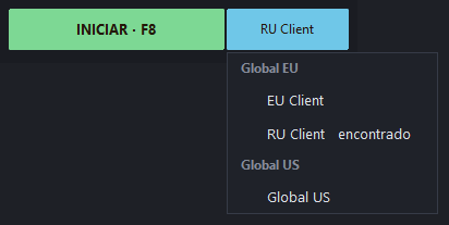 O botão azul do servidor e a lista aberta: Global EU — EU Client e RU Client, Global US